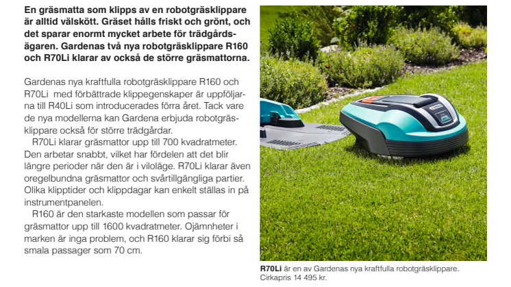 Nya robotgräsklippare för stora gräsmattor