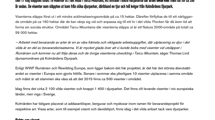 Visenter från Kolmården har återutplacerats i Rumänien