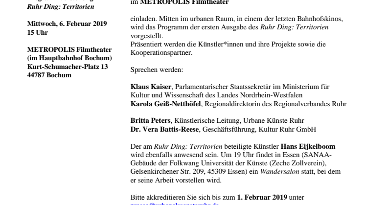 Einladung Jahrespressekonferenz mit Programmvorstellung Ruhr Ding