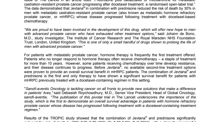 Jevtana® Improves Survival in Advanced Prostate Cancer Patients