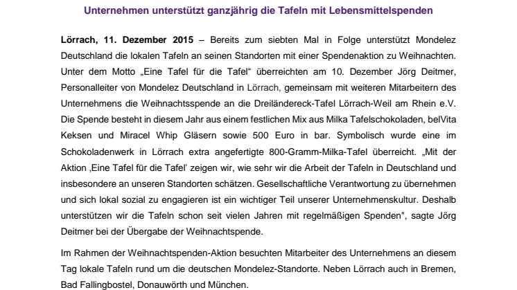 „Eine Tafel für die Tafel“ – Mondelez Deutschland überreicht Weihnachtsspende an Dreiländereck-Tafel Lörrach-Weil am Rhein