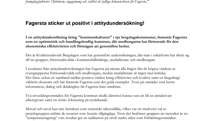 Fagersta sticker ut positivt i attitydundersökning!