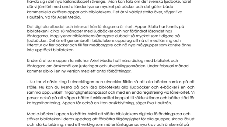 Axiell Media släpper e-böcker i appen Biblio 