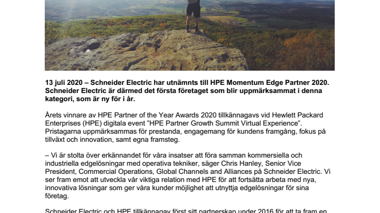 Schneider Electric utnämns till årets HPE Momentum Edge Partner