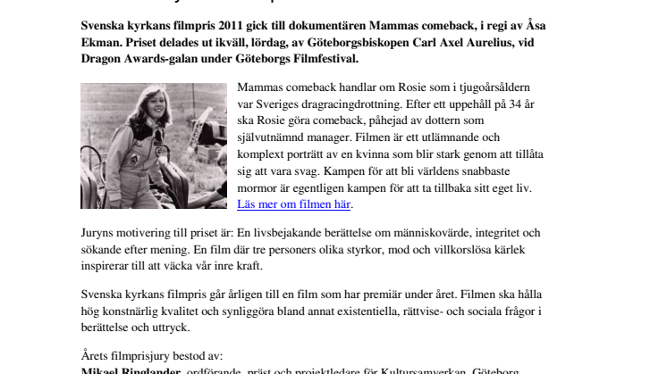 Svenska kyrkans filmpris till Mammas comeback