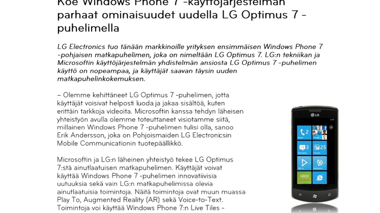 Koe Windows Phone 7 -käyttöjärjestelmän parhaat ominaisuudet uudella LG Optimus 7 -puhelimella
