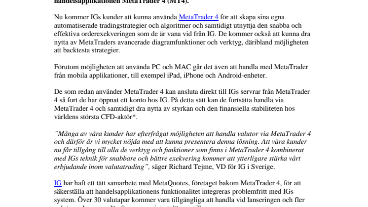 IG erbjuder nu valutahandel i MetaTrader 4