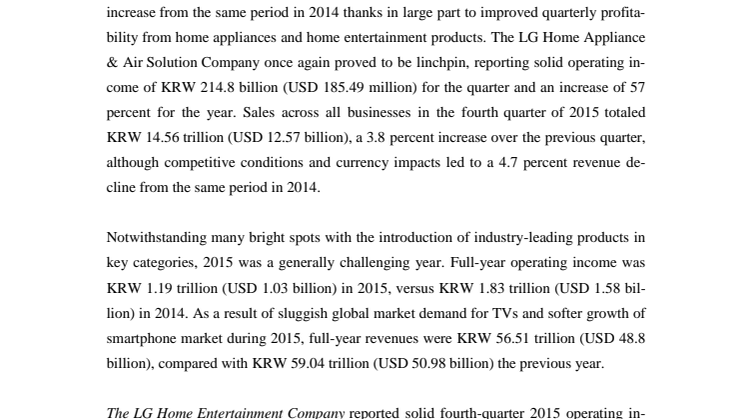 LG ANNOUNCES FOURTH-QUARTER AND FULL-YEAR 2015 FINANCIAL RESULTS