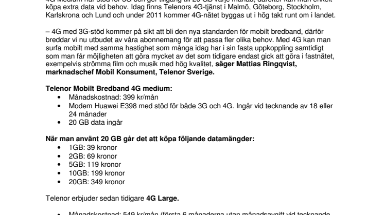 Telenor Sverige lanserar nytt 4G-abonnemang