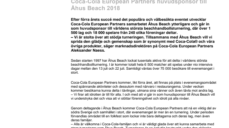 Coca-Cola European Partners huvudsponsor till Åhus Beach 2018