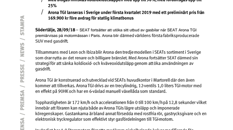 Världspremiär för SEAT Arona med gasdrift i Paris