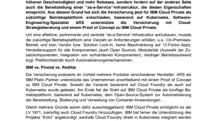 ARS unterstützt Lebensversicherung von 1871 a.G. bei der Einführung von IBM Cloud Private