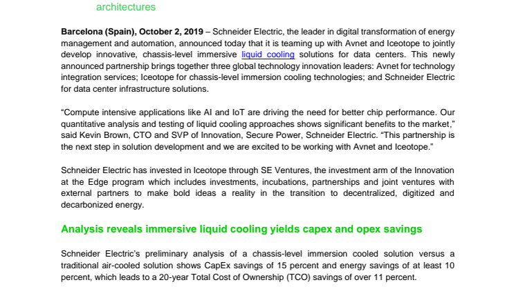 Schneider Electric Announces Partnership with Avnet and Iceotope to Develop Liquid-Cooled Data Center Solutions
