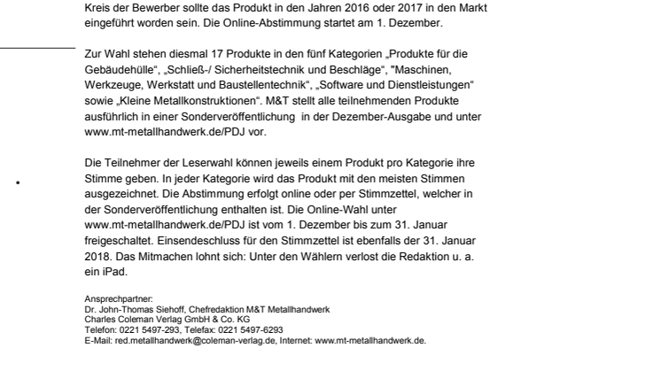M&T-Metallhandwerk sucht das M&T-Produkt des Jahres 2018