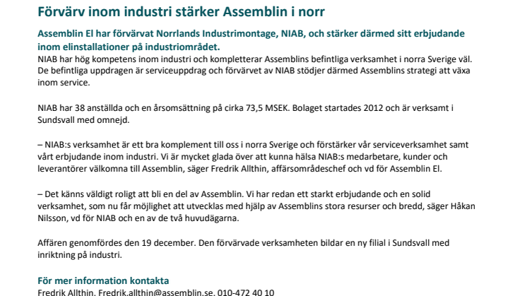 Förvärv inom industri stärker Assemblin i norr