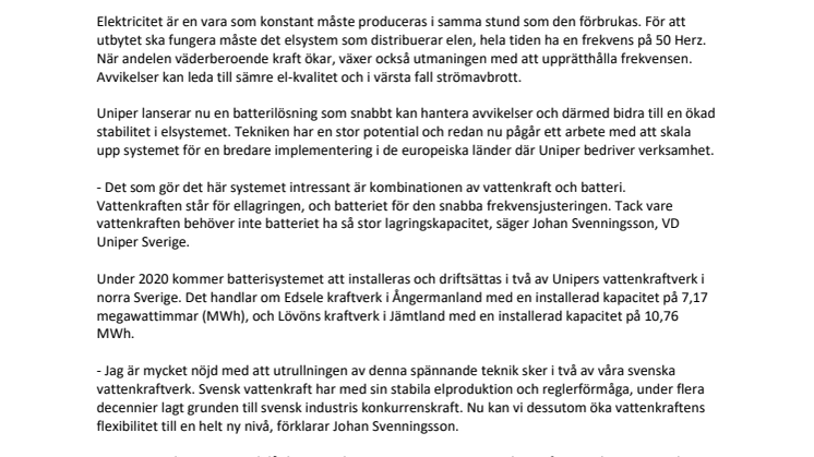 Uniper lanserar storskalig batterilösning för ökad stabilitet i elsystemet 