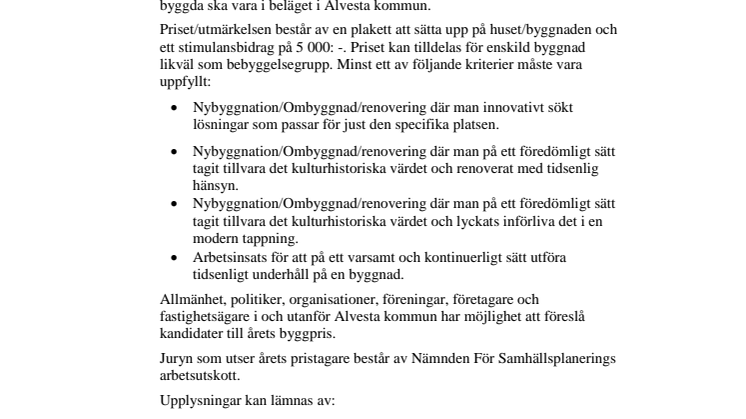 Kriterier byggpris