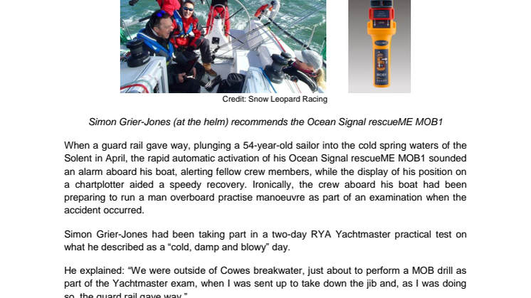 Ocean Signal rescueME MOB1 with AIS Aids Speedy Recovery of Man Overboard in Chilly Springtime Waters of the Solent