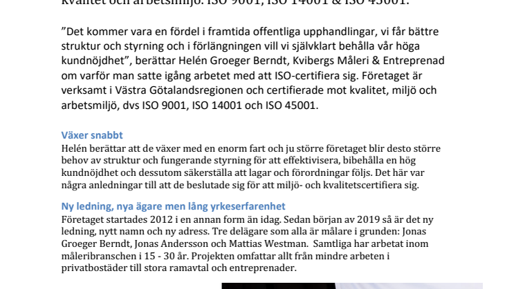 Kvibergs Måleri och Entreprenad AB, ISO-certifierade mot ISO 9001, ISO 14001 och ISO 45001