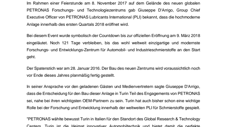 Der Countdown läuft - PETRONAS Lubricants International (PLI) eröffnet 2018 Forschungs- und Technologiezentrum in Turin