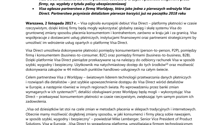 Visa zmieni rynek płatniczy w Europie dzięki Visa Direct – globalnej platformie płatności w czasie rzeczywistym