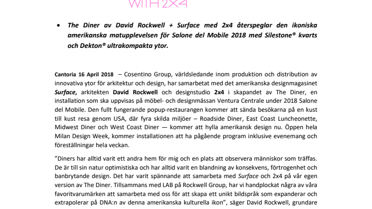 David Rockwell och designstudio 2x4 väljer Cosentinos innovativa ytor för The Diner på Salone del Mobile 2018