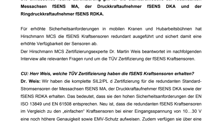 True Safety: TÜV Zertifizierung für redundante Kraftsensoren von Hirschmann MCS 