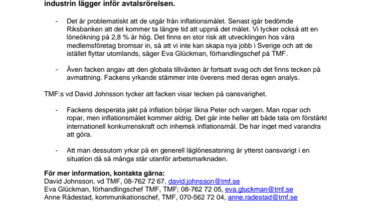 Trä- och Möbelföretagen kommenterar industrifackens lönekrav: ”Fackens yrkande stämmer inte överens med deras egen analys”