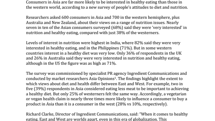 PRESS RELEASE – Research reveals a clear East-West divide in  attitudes to nutrition and healthy eating