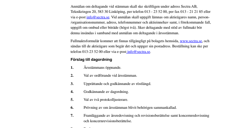 Kallelse till årsstämma i Sectra AB (publ)