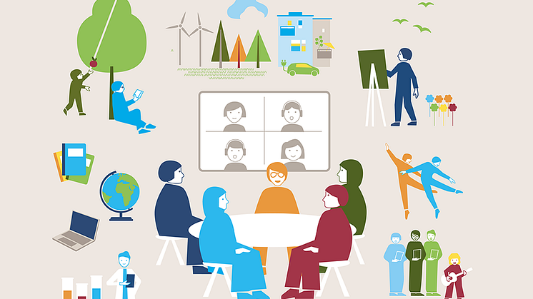 Illustration för omslag på Folkbildningsstrategi för Stockholmsregionen. Tecknade personer i olika aktiviteter.
