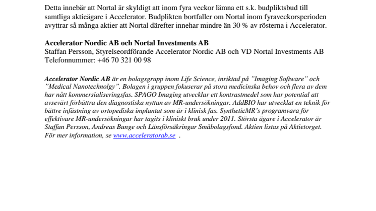 Nortal Investments AB har ökat sitt innehav i Accelerator Nordic AB till 43,0 %