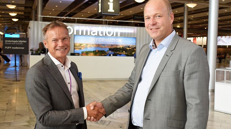 Patric Sjöberg, vd Stockholmsmässan tillsammans med Johan Spångberg, kundansvarig Proffice.