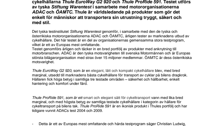 Thules cykelhållare testvinnare i ett av Europas mest ansedda produkttest