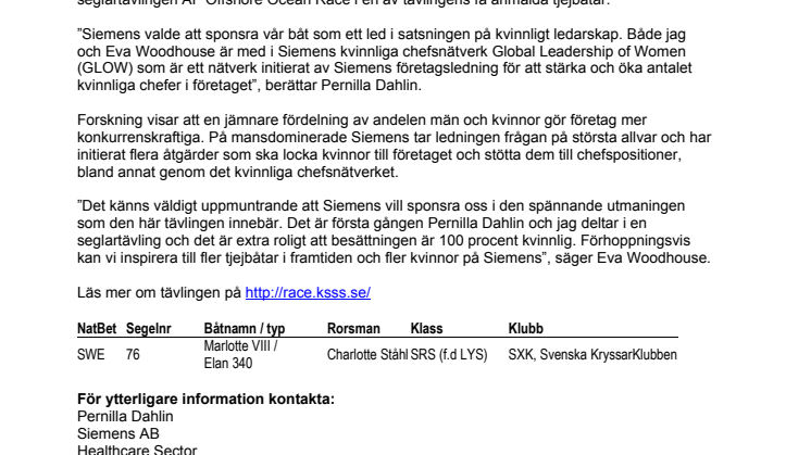 Siemens sponsrar tjejbåt i ÅF Offshore Ocean Race (fd Gotland Runt)