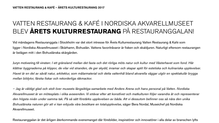 Vatten Restaurang & Kafé i Nordiska Akvarellmuseet blev Årets Kulturrestaurang 2017 på Restauranggalan 