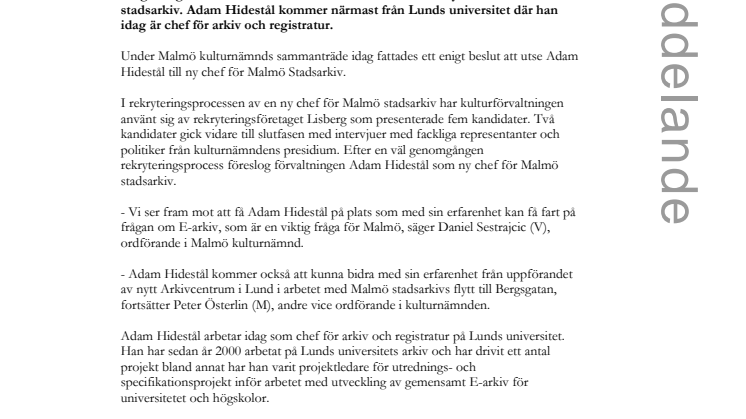 Adam Hidestål ny chef för Malmö stadsarkiv