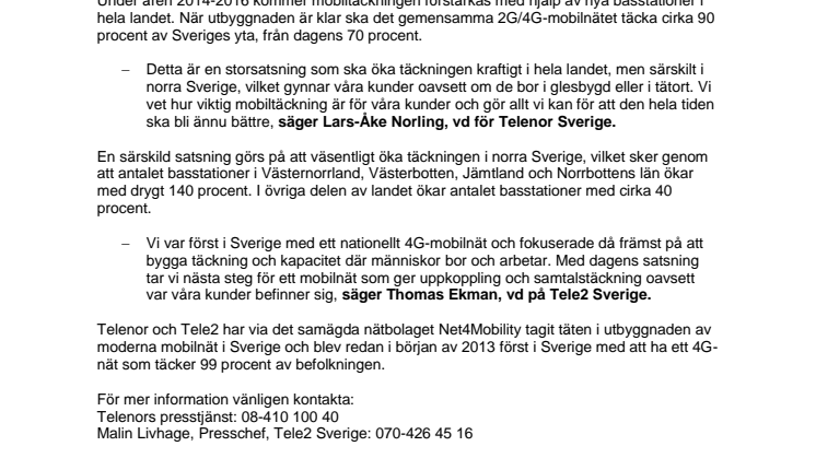 Telenor och Tele2 bygger ut mobiltäckningen i hela landet