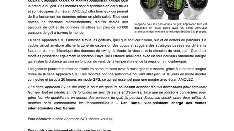 Améliorez votre jeu avec les nouvelles montres GPS de golf Approach® S70 de Garmin
