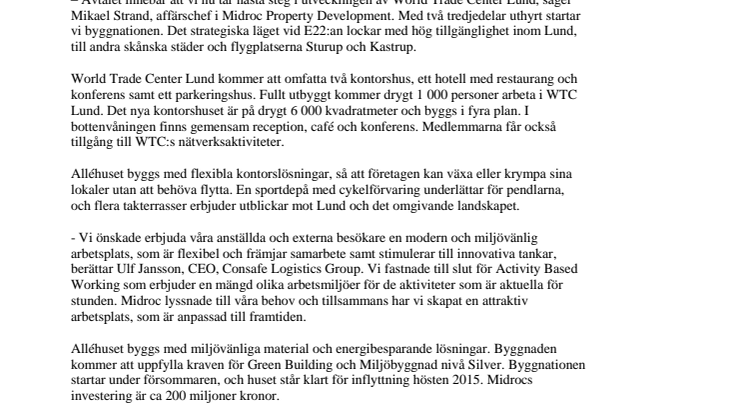 Midroc bygger vidare i World Trade Center Lund