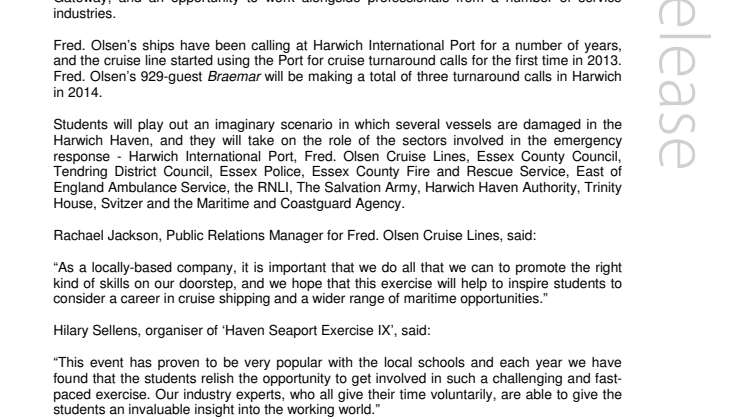 Fred. Olsen Cruise Lines gives Colchester and Tendring students an insight with ‘Haven Seaport Exercise IX’ 