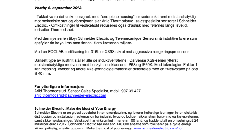 OsiSense™ XS9 – fullmantel induktive følere i rustfritt stål med føleavstand opp til 40 mm 
