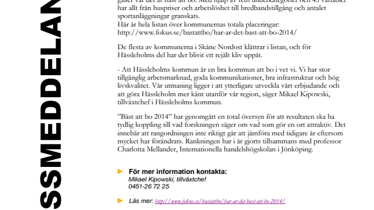Hässleholm är 83:e bästa kommun att bo i