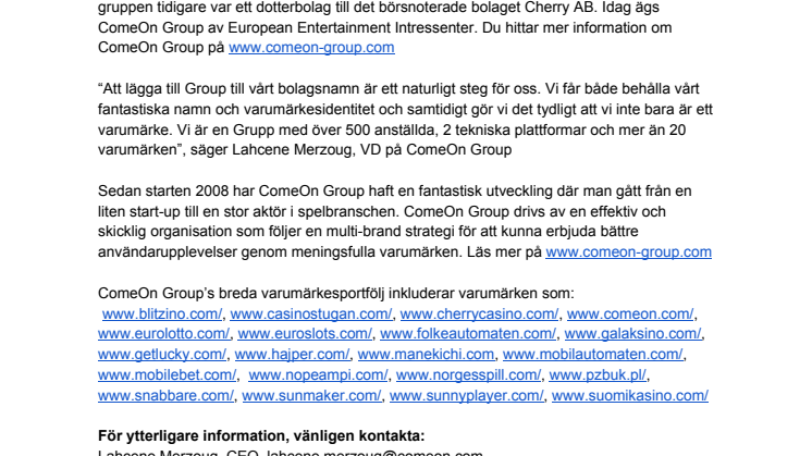 ComeOn byter namn till ComeOn Group