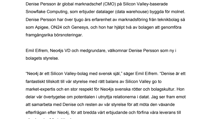 Neo4j utnämner Denise Persson till ny styrelseledamot