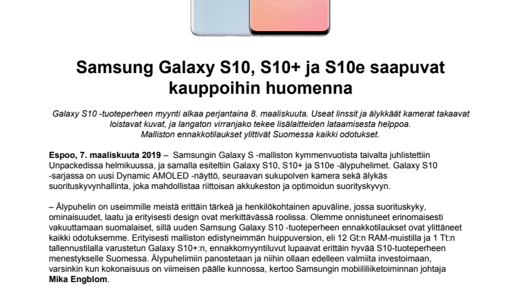 Samsung Galaxy S10, S10+ ja S10e saapuvat kauppoihin