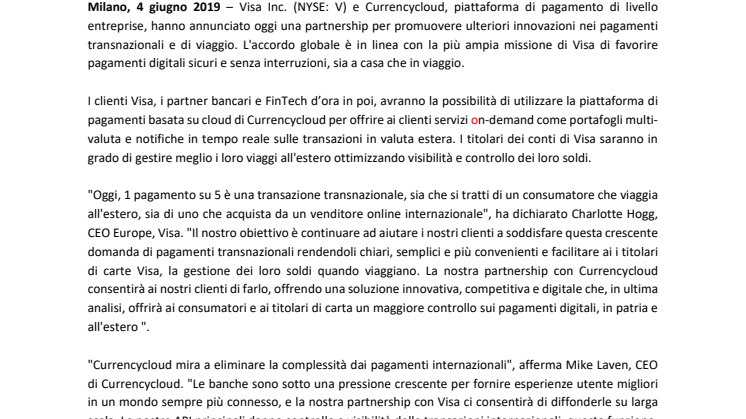 Visa e Currencycloud insieme per guidare nuove esperienze di pagamento transnazionale di viaggio