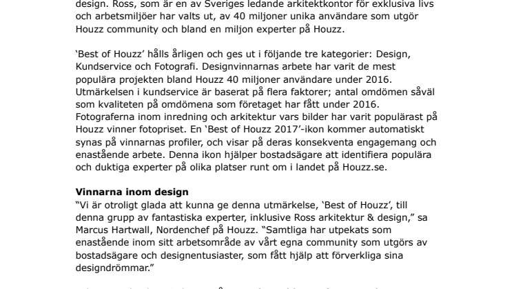 Ross arkitektur & design i Stockholm Vinnare av ‘Best Of Houzz 2017’
