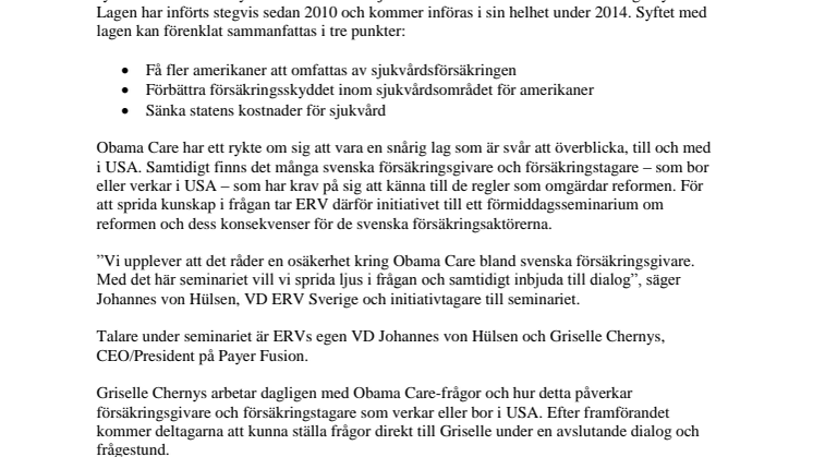 ERV tar initiativet till ett seminarium om Obama Care
