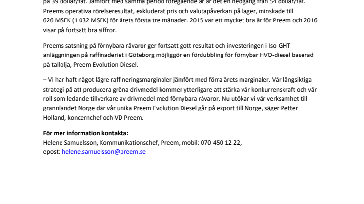 Förbättrat resultat för Preem i första kvartalet  2016